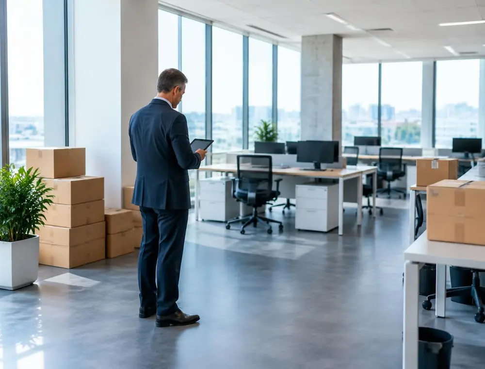 Facilitair manager inspecteert een nieuw ingerichte kantoorvloer tijdens een verhuizing