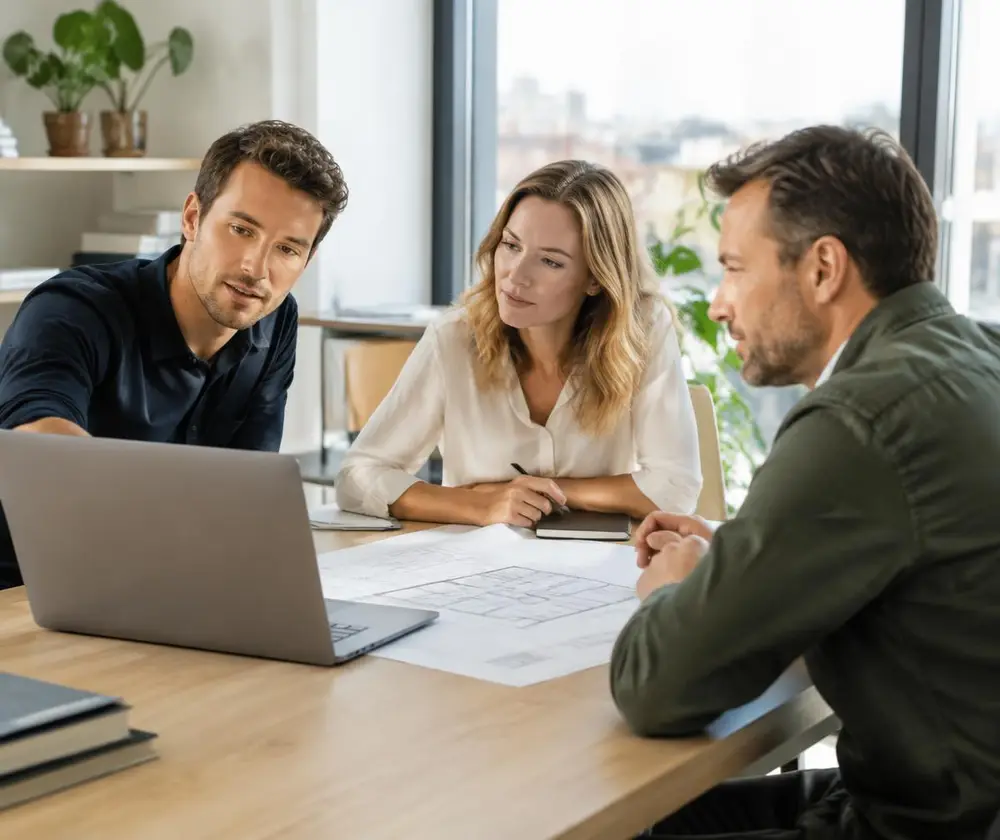 Overleg over een huisvestingsplan aan tafel in een moderne kantooromgeving